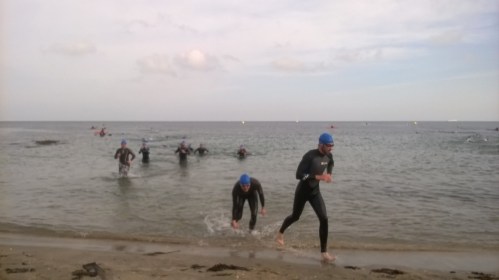 Leaving the water at the end of the first lap. My attempts to splash the onlookers were rather feeble...